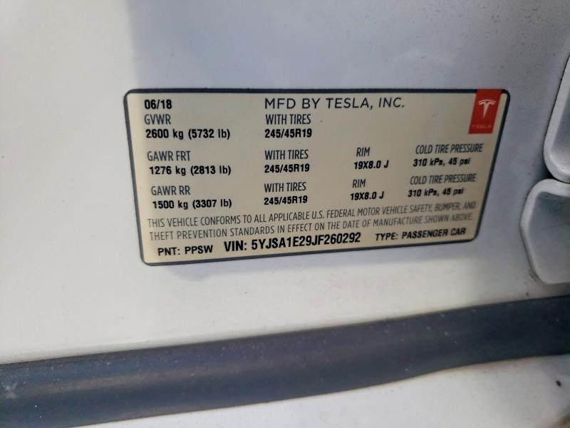 75313355 :رقم المزاد ، 5YJSA1E29JF260292 vin ، 2018 Tesla Model S مزاد بيع