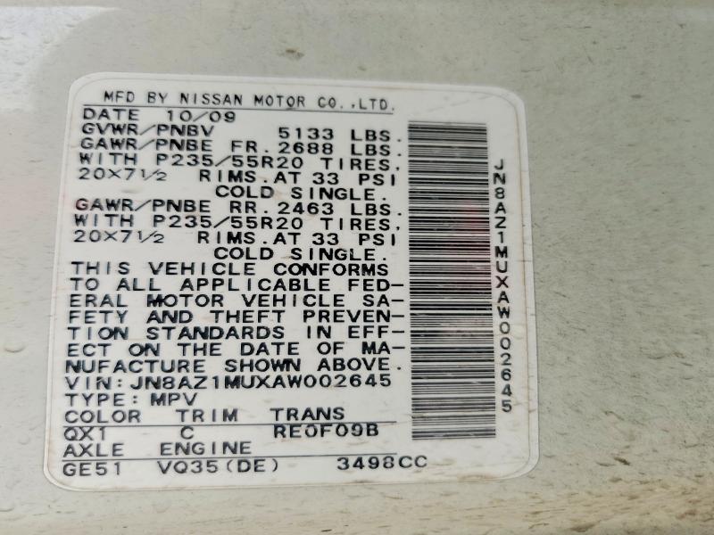 Продаж на аукціоні авто 2010 Nissan Murano, vin: JN8AZ1MUXAW002645, номер лоту: 77824025