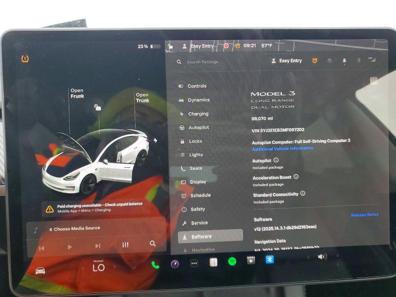 78727335 :رقم المزاد ، 5YJ3E1EB3MF097202 vin ، 2021 Tesla Model 3 مزاد بيع