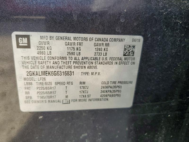 Aukcja sprzedaży 2016 Gmc Terrain, vin: 2GKALMEK6G6316831, numer aukcji: 77340215