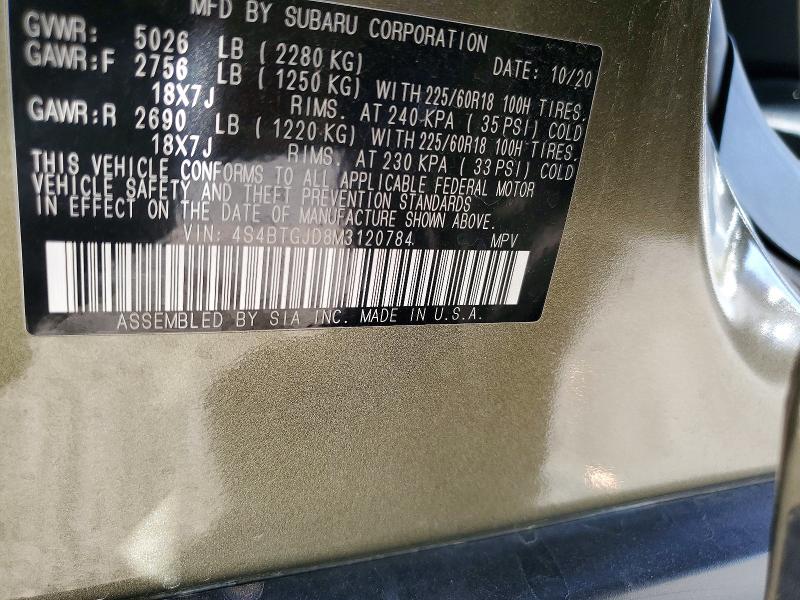 78779315 :رقم المزاد ، 4S4BTGJD8M3120784 vin ، 2021 Subaru Outback مزاد بيع