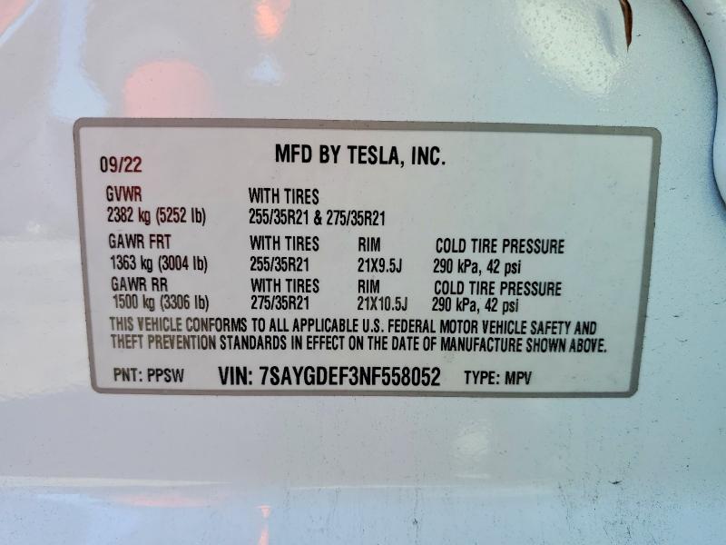 Aukcja sprzedaży 2022 Tesla Model Y, vin: 7SAYGDEF3NF558052, numer aukcji: 78260145