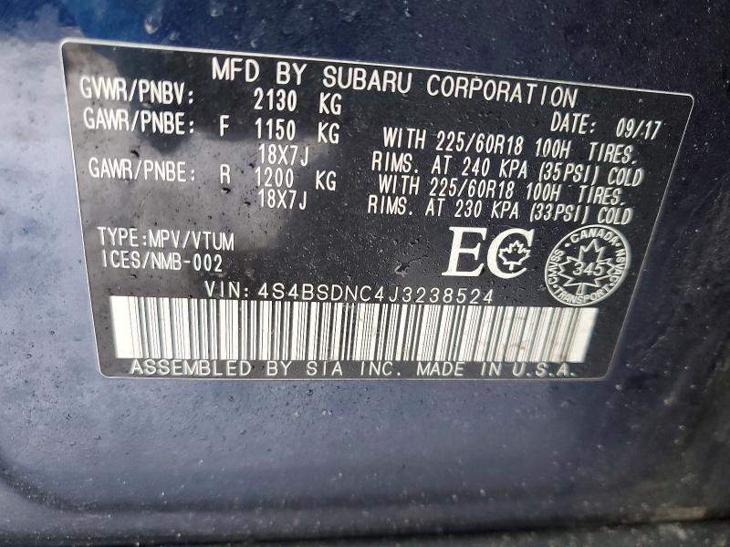 Продаж на аукціоні авто 2018 Subaru Outback, vin: 4S4BSDNC4J3238524, номер лоту: 78956225