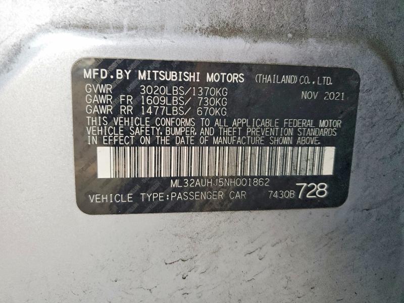 Aukcja sprzedaży 2022 Mitsubishi Mirage, vin: ML32AUHJ5NH001862, numer aukcji: 77378135
