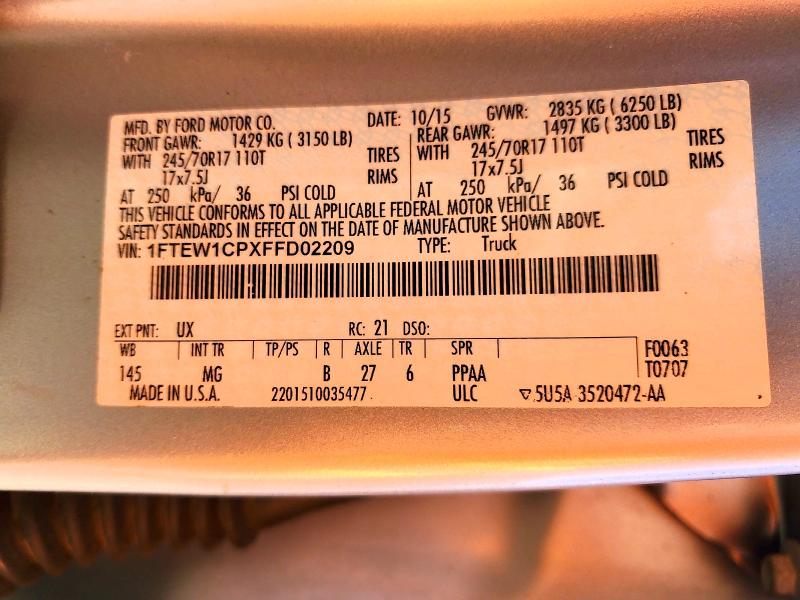 2015 Ford F150 მანქანა იყიდება აუქციონზე, vin: 1FTEW1CPXFFD02209, აუქციონის ნომერი: 76178185