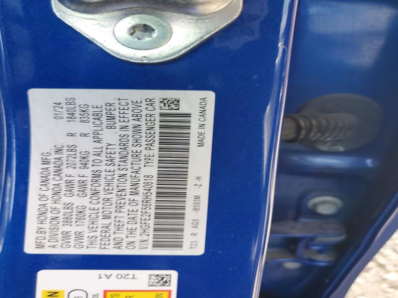 Продаж на аукціоні авто 2024 Honda Civic, vin: 2HGFE2F56RH540618, номер лоту: 78563025