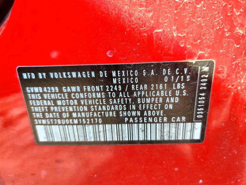 2019 Volkswagen Jetta მანქანა იყიდება აუქციონზე, vin: 3VW5T7BU0KM152170, აუქციონის ნომერი: 78684545