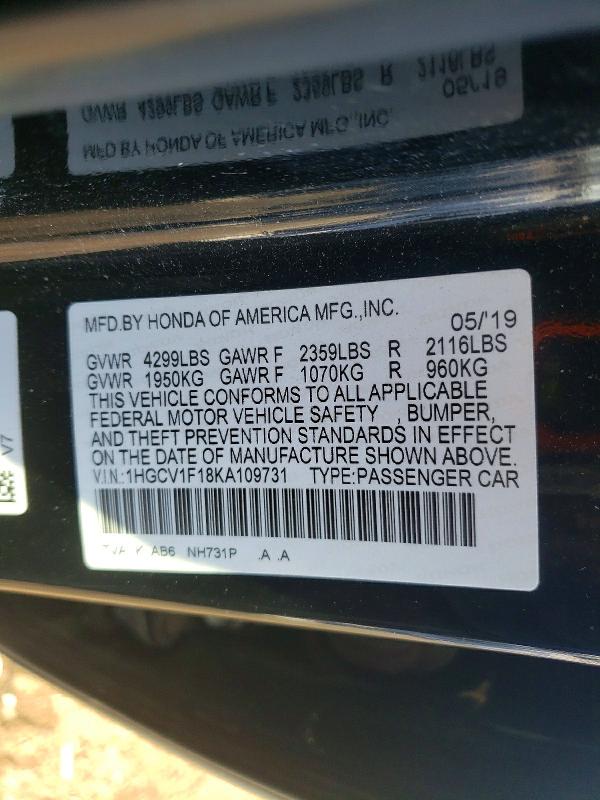 Aukcja sprzedaży 2019 Honda Accord, vin: 1HGCV1F18KA109731, numer aukcji: 74461545