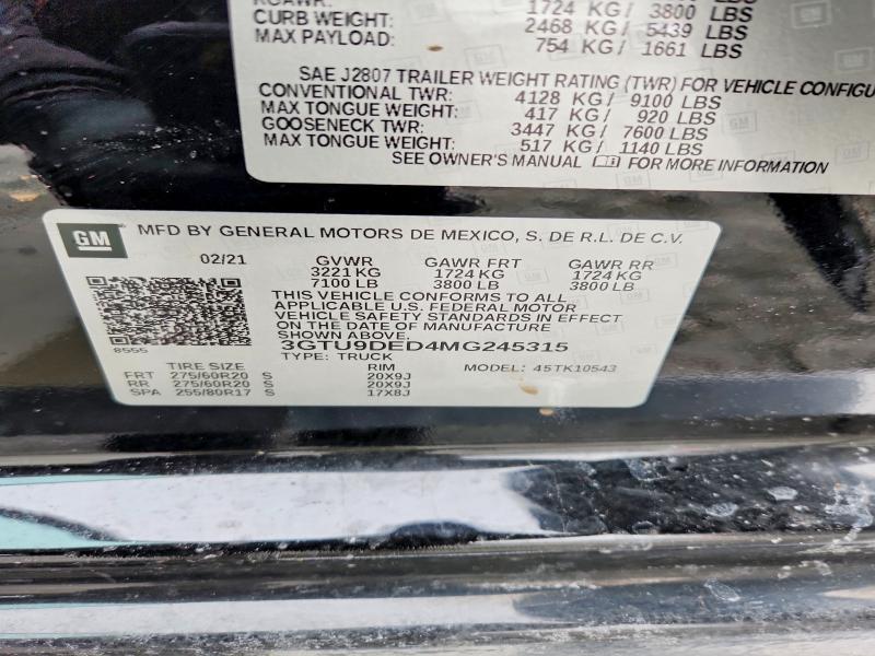 2021 Gmc Sierra მანქანა იყიდება აუქციონზე, vin: 3GTU9DED4MG245315, აუქციონის ნომერი: 78892065