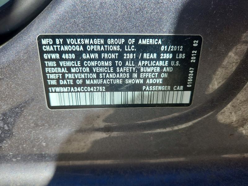 2012 Volkswagen Passat მანქანა იყიდება აუქციონზე, vin: 1VWBM7A34CC042752, აუქციონის ნომერი: 79021605