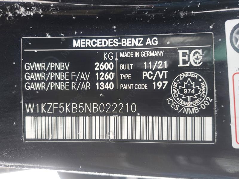 2022 Mercedes-benz E მანქანა იყიდება აუქციონზე, vin: W1KZF5KB5NB022210, აუქციონის ნომერი: 76219295