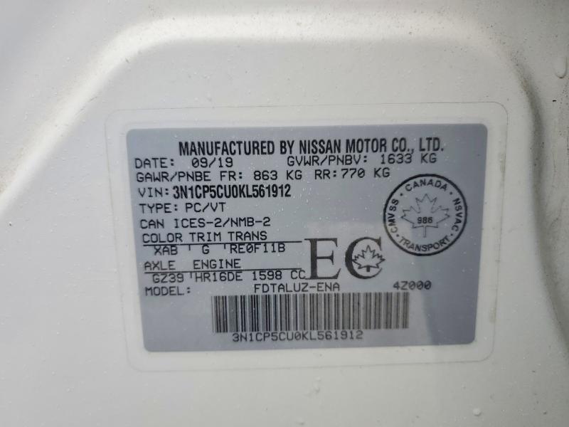 77002655 :رقم المزاد ، 3N1CP5CU0KL561912 vin ، 2019 Nissan Kicks مزاد بيع