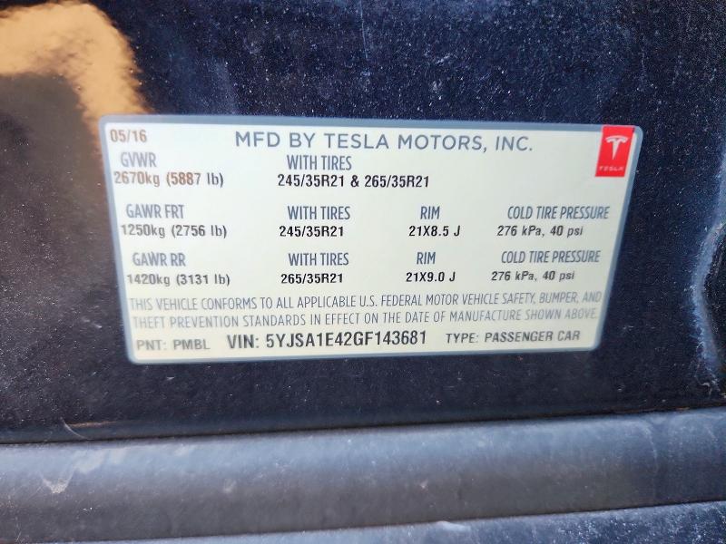 76807465 :رقم المزاد ، 5YJSA1E42GF143681 vin ، 2016 Tesla Model S مزاد بيع