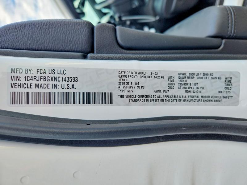 2022 Jeep Grand Cherokee მანქანა იყიდება აუქციონზე, vin: 1C4RJFBGXNC143593, აუქციონის ნომერი: 79396105