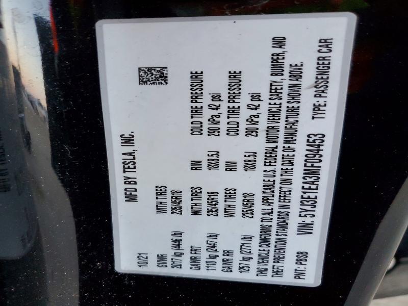2021 Tesla Model 3 მანქანა იყიდება აუქციონზე, vin: 5YJ3E1EA3MF094453, აუქციონის ნომერი: 76778615
