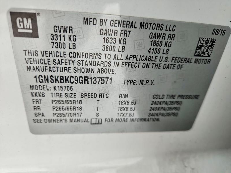 74849085 :رقم المزاد ، 1GNSKBKC9GR137571 vin ، 2016 Chevrolet Tahoe مزاد بيع