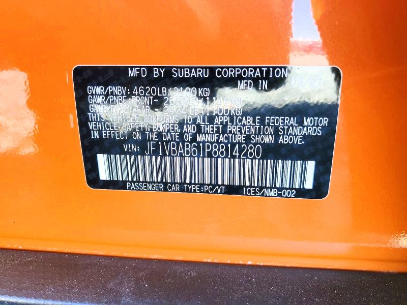 Продаж на аукціоні авто 2023 Subaru Wrx, vin: JF1VBAB61P8814280, номер лоту: 77233765