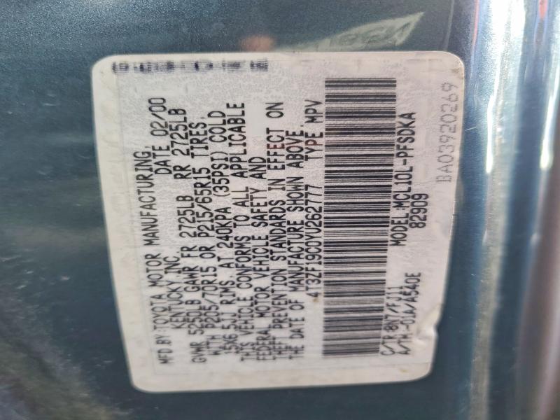 78285085 :رقم المزاد ، 4T3ZF19C0YU262777 vin ، 2000 Toyota Sienna مزاد بيع