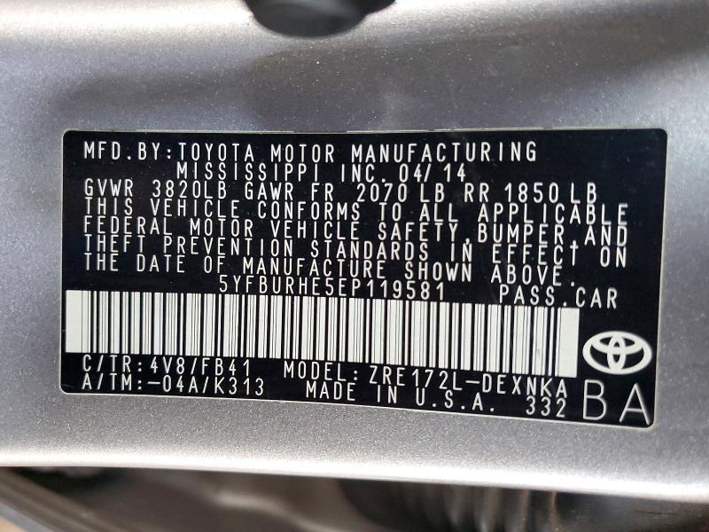 2014 Toyota Corolla მანქანა იყიდება აუქციონზე, vin: 5YFBURHE5EP119581, აუქციონის ნომერი: 78250685
