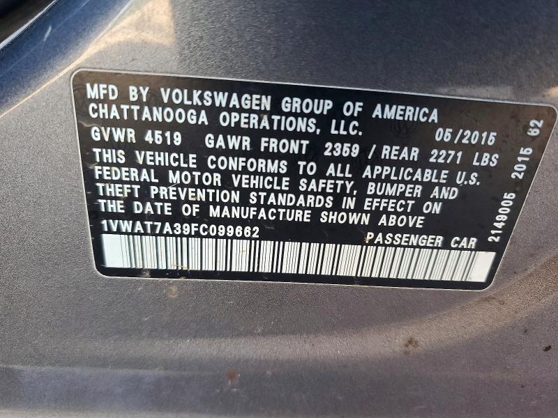 Aukcja sprzedaży 2015 Volkswagen Passat, vin: 1VWAT7A39FC099662, numer aukcji: 78861365