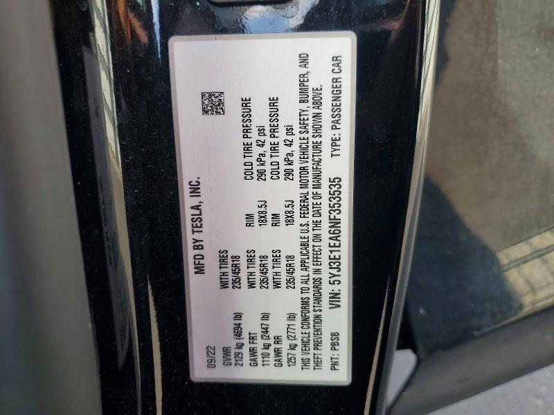 Продажа на аукционе авто 2022 Tesla Model 3, vin: 5YJ3E1EA6NF353535, номер лота: 78134965