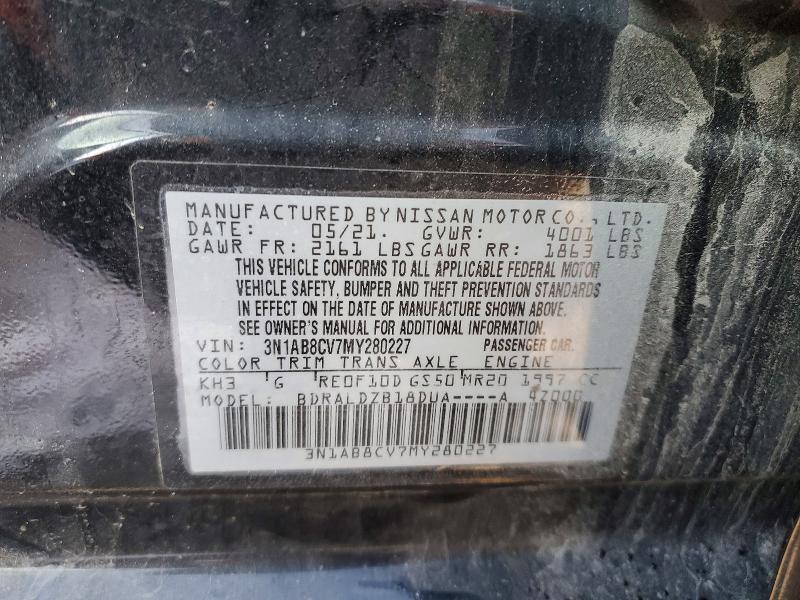 2021 Nissan Sentra მანქანა იყიდება აუქციონზე, vin: 3N1AB8CV7MY280227, აუქციონის ნომერი: 74958245