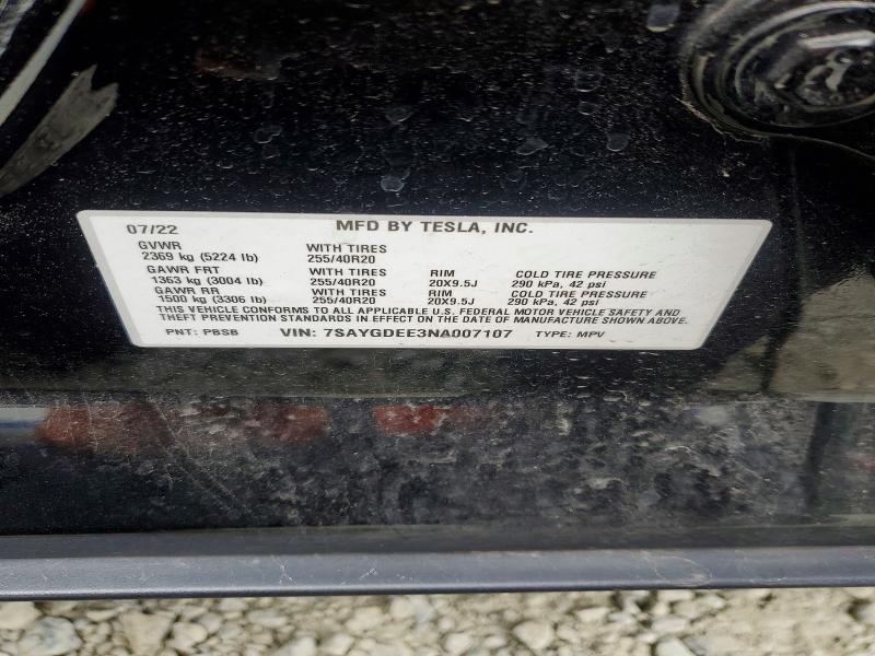 2022 Tesla Model Y მანქანა იყიდება აუქციონზე, vin: 7SAYGDEE3NA007107, აუქციონის ნომერი: 75002555