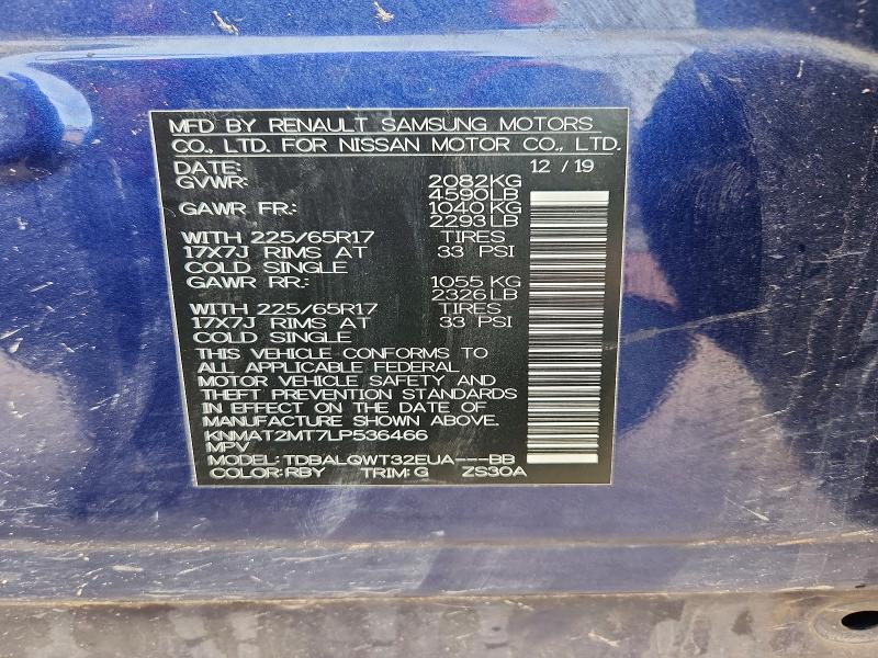 76650255 :رقم المزاد ، KNMAT2MT7LP536466 vin ، 2020 Nissan Rogue مزاد بيع