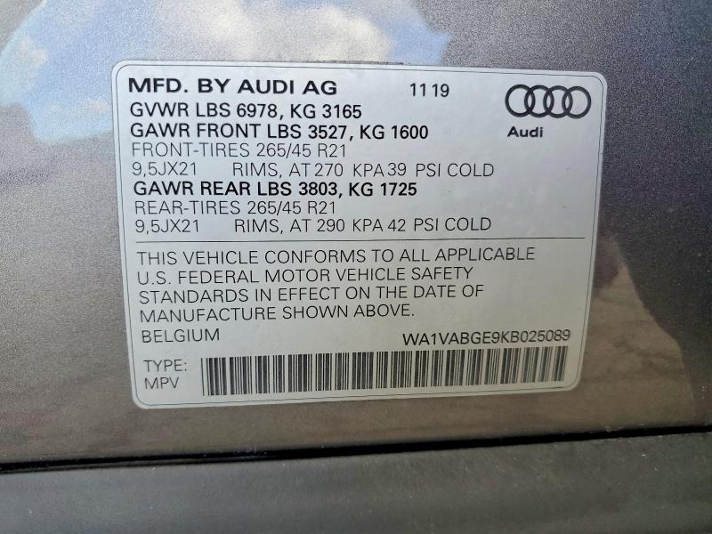 Продаж на аукціоні авто 2019 Audi E-tron, vin: WA1VABGE9KB025089, номер лоту: 78229585