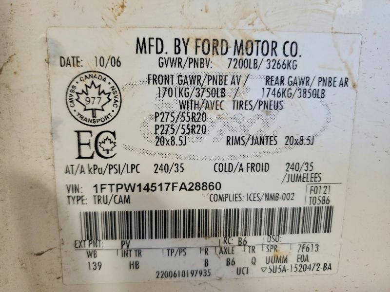 Aukcja sprzedaży 2007 Ford F150, vin: 1FTPW14517FA28860, numer aukcji: 76878245