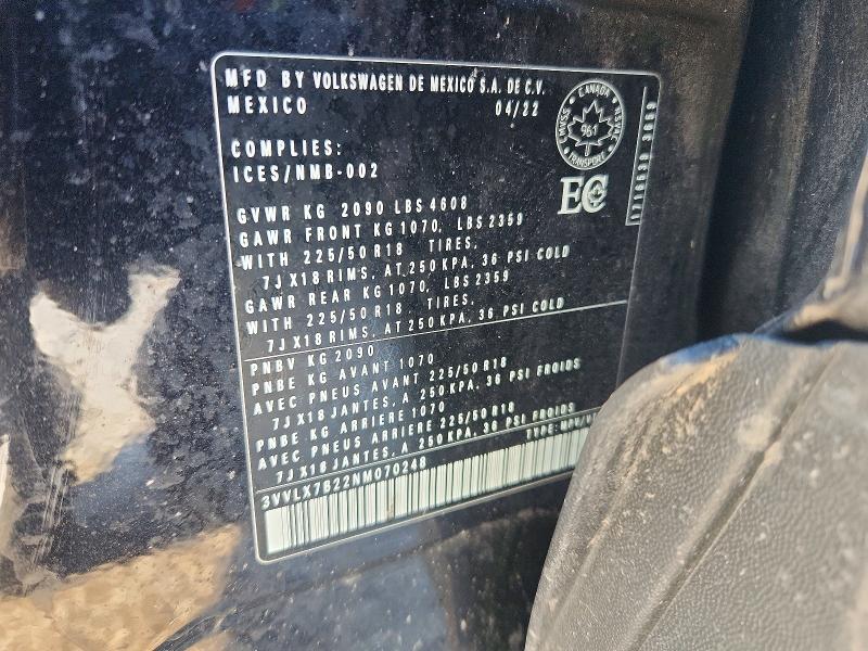 78097525 :رقم المزاد ، 3VVLX7B22NM070248 vin ، 2022 Volkswagen Taos مزاد بيع