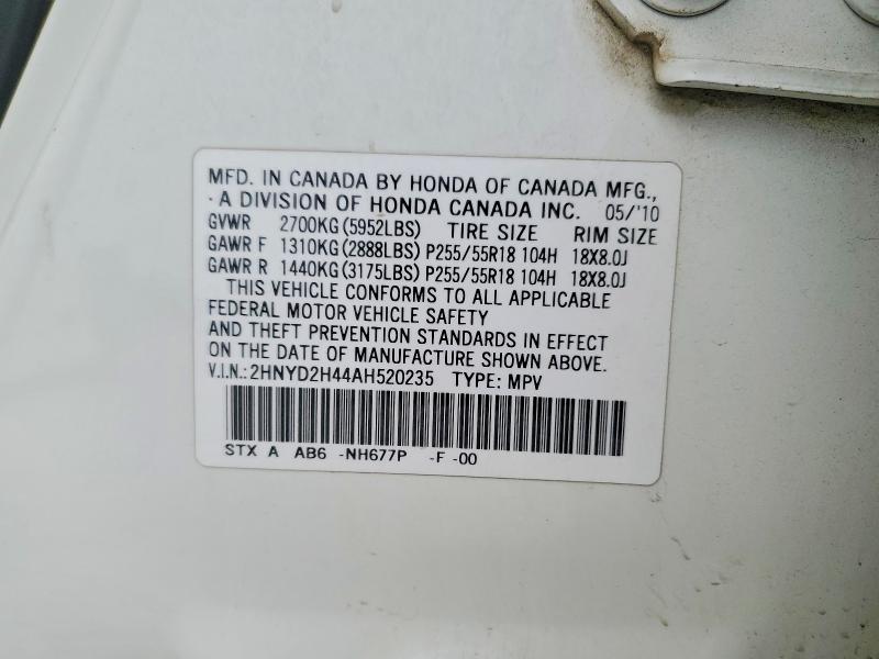 77909285 :رقم المزاد ، 2HNYD2H44AH520235 vin ، 2010 Acura Mdx مزاد بيع