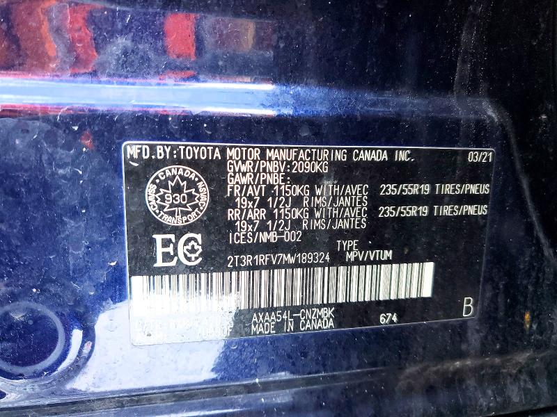 Продажа на аукционе авто 2021 Toyota Rav4, vin: 2T3R1RFV7MW189324, номер лота: 77506585