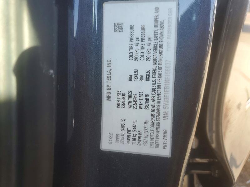 76591045 :رقم المزاد ، 5YJ3E1EB1NF156037 vin ، 2022 Tesla Model 3 مزاد بيع
