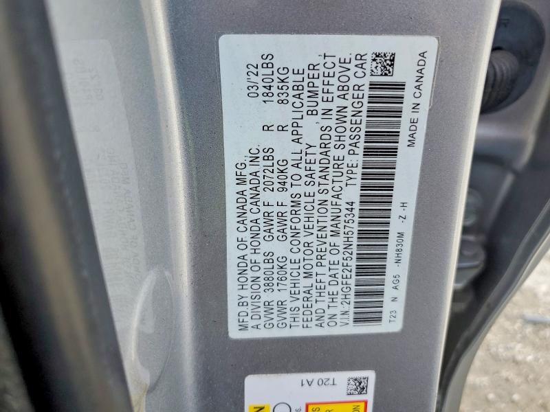 2022 Honda Civic მანქანა იყიდება აუქციონზე, vin: 2HGFE2F52NH575344, აუქციონის ნომერი: 78847815