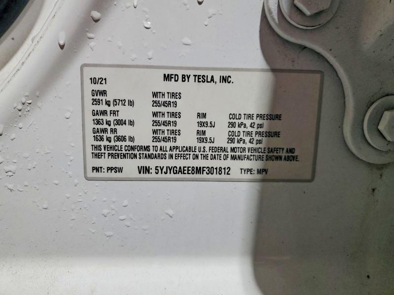Продажа на аукционе авто 2021 Tesla Model Y, vin: 5YJYGAEE8MF301812, номер лота: 76621155