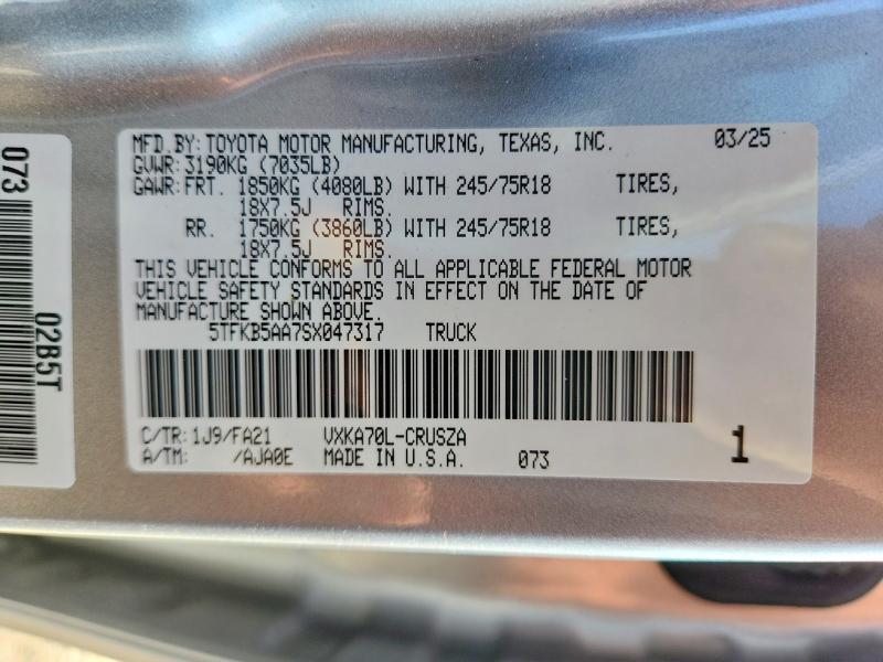 Продаж на аукціоні авто 2025 Toyota Tundra, vin: 5TFKB5AA7SX047317, номер лоту: 78618805