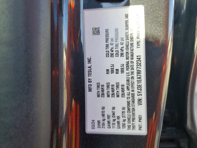 Aukcja sprzedaży 2024 Tesla Model 3, vin: 5YJ3E1EA7RF732341, numer aukcji: 76937085