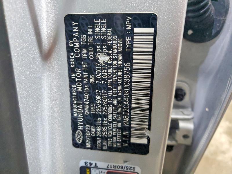 2019 Hyundai Tucson მანქანა იყიდება აუქციონზე, vin: KM8J2CA40KU038756, აუქციონის ნომერი: 77339855