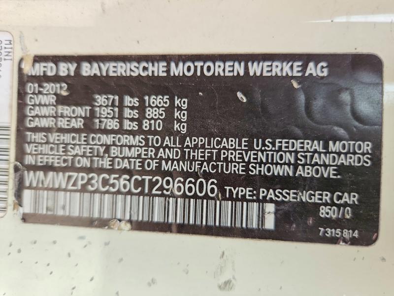 78490335 :رقم المزاد ، WMWZP3C56CT296606 vin ، 2012 Mini Cooper مزاد بيع