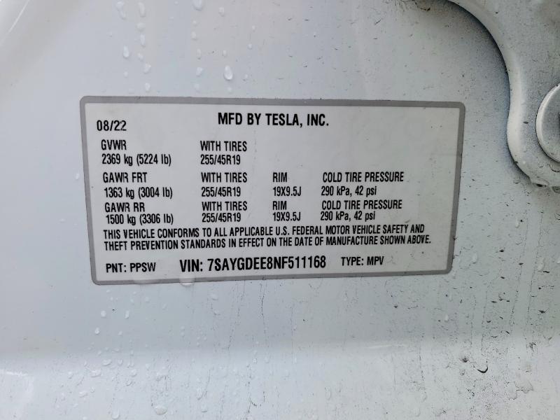 2022 Tesla Model Y მანქანა იყიდება აუქციონზე, vin: 7SAYGDEE8NF511168, აუქციონის ნომერი: 77907815