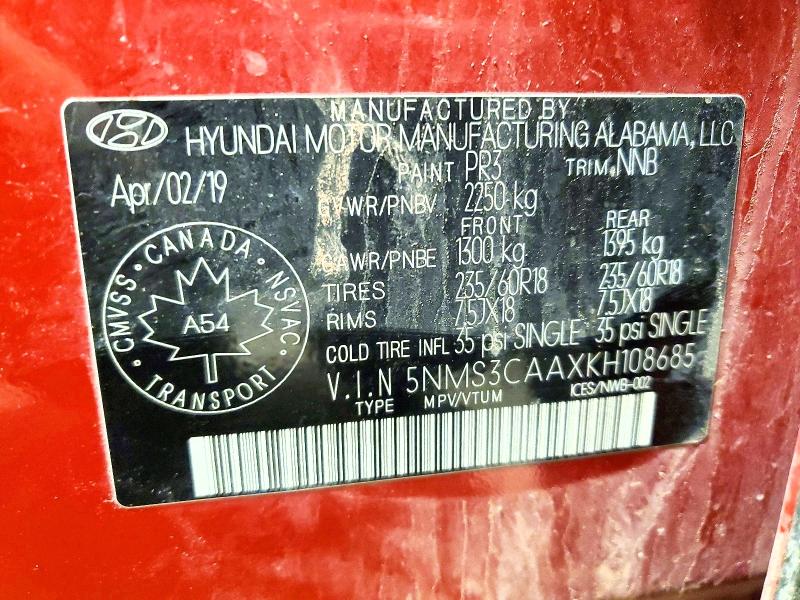 Aukcja sprzedaży 2019 Hyundai Santa Fe, vin: 5NMS3CAAXKH108685, numer aukcji: 77001765