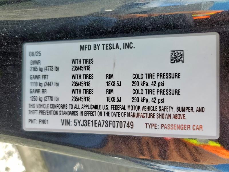 Продаж на аукціоні авто 2025 Tesla Model 3, vin: 5YJ3E1EA7SF070749, номер лоту: 77572225