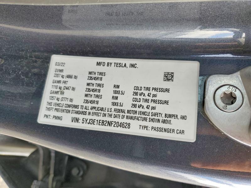 Aukcja sprzedaży 2022 Tesla Model 3, vin: 5YJ3E1EB2NF204628, numer aukcji: 78511105