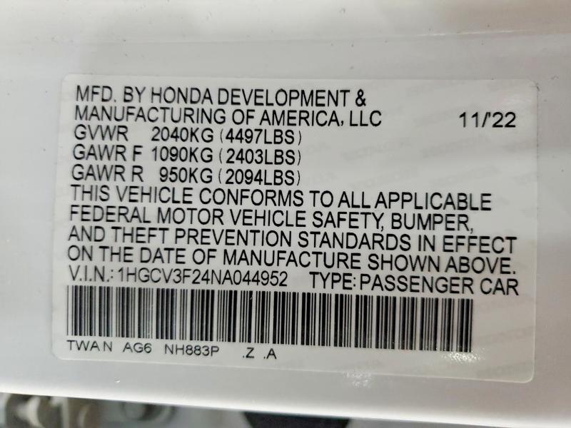 2022 Honda Accord მანქანა იყიდება აუქციონზე, vin: 1HGCV3F24NA044952, აუქციონის ნომერი: 78416425