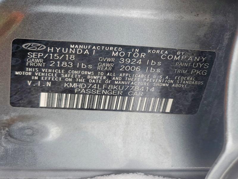 75172905 :رقم المزاد ، KMHD74LF8KU778414 vin ، 2019 Hyundai Elantra مزاد بيع