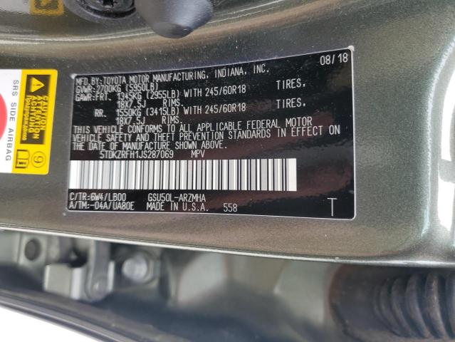 Aukcja sprzedaży 2018 Toyota Highlander Se, vin: 5TDKZRFH1JS287069, numer aukcji: 45467074
