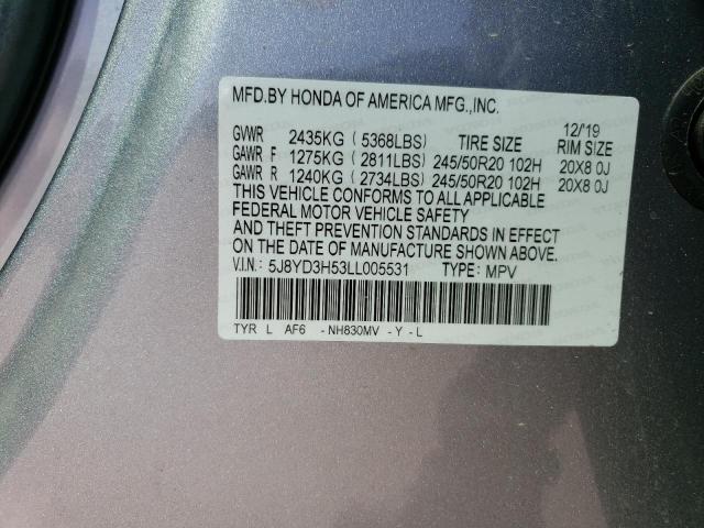 47597104 :رقم المزاد ، 5J8YD3H53LL005531 vin ، 2020 Acura Mdx Technology مزاد بيع