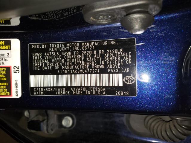 2021 Toyota Camry Se მანქანა იყიდება აუქციონზე, vin: 4T1G11AK3MU477274, აუქციონის ნომერი: 47171824
