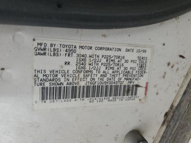 Auction sale of the 2000 Lexus Rx 300, vin: JT6GF10U9Y0049707, lot number: 47079564